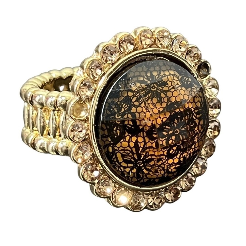 Fashion Stretch Ring Gold Tone Black Lace Pattern Orange Cabochon Rhinestone